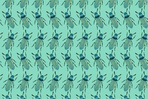 Blue bug pattern on green. Insects background Stock Illustration