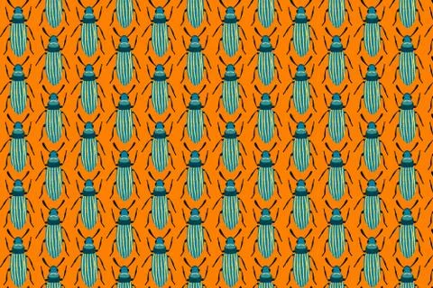 Blue bug pattern on an orange. Insects background Stock Illustration