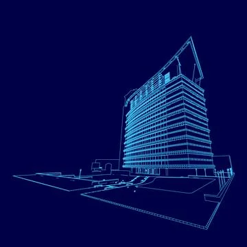 Blue building with a blue sky background. The building is tall and has many Ilustración de archivo