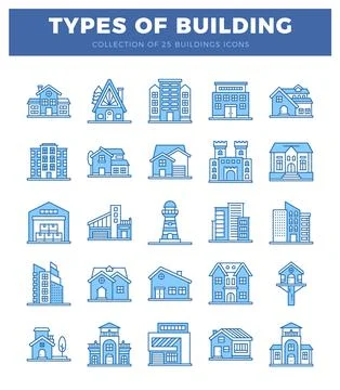 Blue building icons with clear outlines on a white background. Ilustración de archivo
