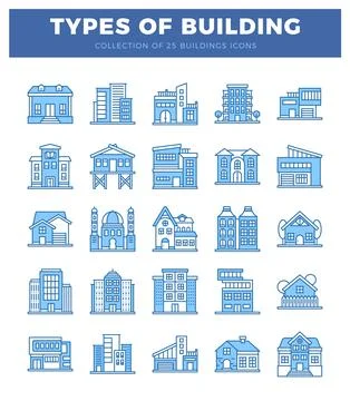 Blue building icons with different architectural styles on a white background Ilustración de archivo