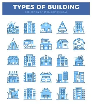 Blue building icons displayed in a grid on a white background. Ilustración de archivo