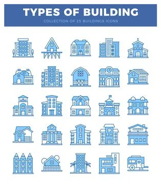 Blue building icons. flat design. white background. vector Illustrazione stock