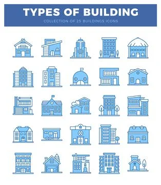 Blue building icons in flat design style on white background. Various archi.. Ilustración de archivo