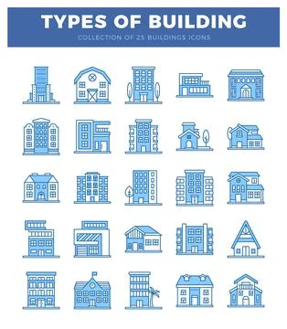 Blue building icons in a grid format on a white background with a blue title. Ilustración de archivo