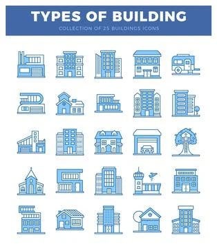 Blue building icons in a grid format. Ilustración de archivo
