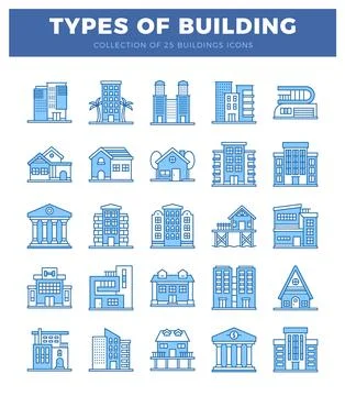 Blue building icons in a grid layout on white. Ilustración de archivo