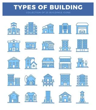 Blue building icons in a grid layout on a white background. Ilustración de archivo