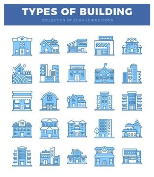Blue building icons in a grid pattern on a white background. Illustrazione stock