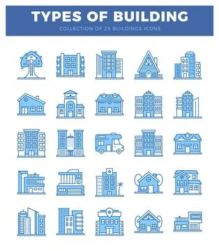 Blue building icons. various architectural styles on white background. Set .. Ilustración de archivo
