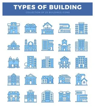 Blue building icons on white background. presenting various architecture an.. Ilustración de archivo