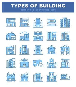 Blue building icons on white background. architectural illustrations. Ilustración de archivo