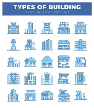 Blue building icons on white background. architectural styles. urban and ru.. Ilustración de archivo