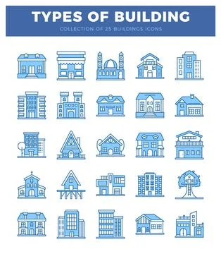Blue building icons on a white background. representing various architectur.. Ilustración de archivo