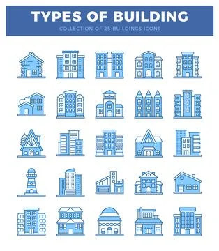Blue building icons on white background. Ilustración de archivo