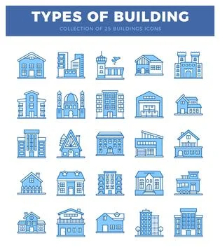 Blue building icons on a white background with text TYPES OF BUILDING Ilustración de archivo