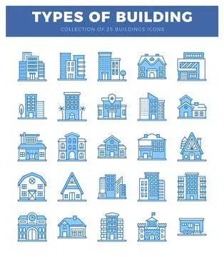 Blue building icons on a white background. depicting various architectural .. Ilustración de archivo