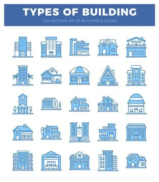 Blue building icons on white background. Diverse architecture. residential .. Ilustración de archivo