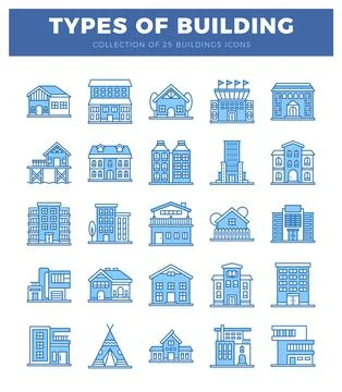 Blue building icons on white background. presented as a grid with title. Ilustración de archivo
