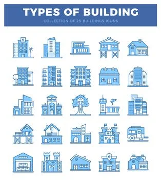 A blue building icons on a white background. representing various architect.. Stock Illustration