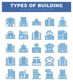 Blue building icons on white background. featuring houses and skyscrapers. .. Ilustración de archivo