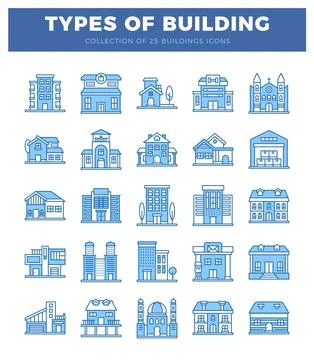 Blue building icons on white background with title Stock Illustration