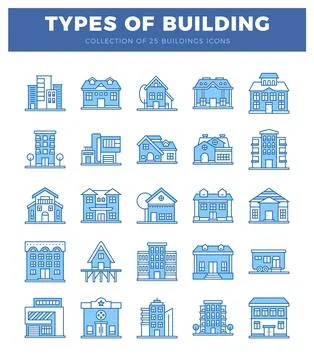 Blue building icons on a white background. architectural styles variety Ilustración de archivo