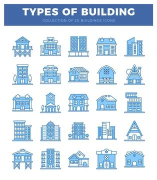 Blue building icons on a white background. diverse architectural styles. fl.. Ilustración de archivo
