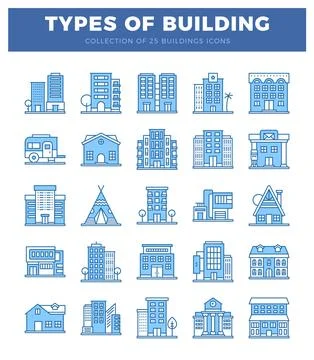 Blue building icons with white background. Ilustración de archivo