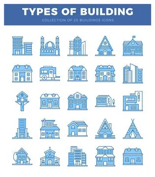 Blue building icons on a white background. Ilustración de archivo