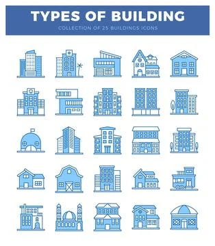 Blue building icons on a white background. presented in a grid. Ilustración de archivo