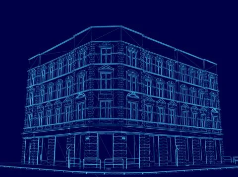Blue building with a lot of windows. The building is very tall and has a lot of Ilustración de archivo