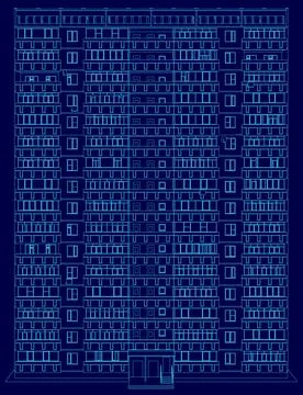 Blue building with many windows and a large entrance. The building is very tall Illustrazione stock