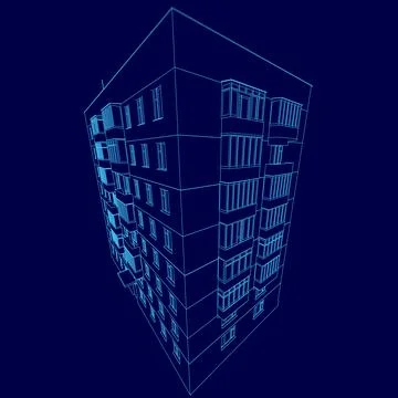 Blue building with windows and a blue background. The building is a cube and is Stockillustratie