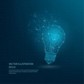 Blue bulb lamp low poly wire frame. Stock Illustration
