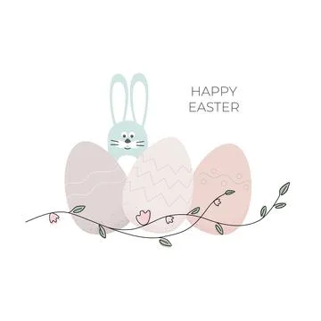 Blue bunny hids behind easter eggs, flower branch. Simple cartoon style vector Illustrazione stock
