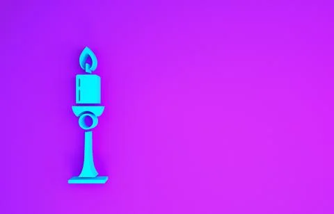 Blue Burning candle in candlestick icon isolated on purple background. Old fa Stock Illustration