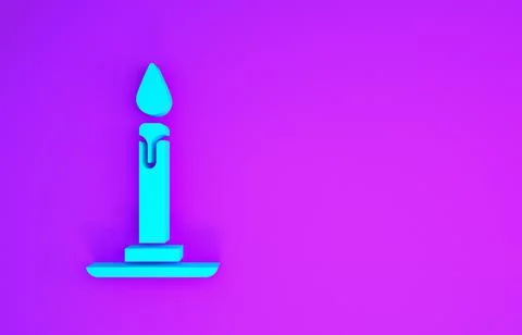 Blue Burning candle in candlestick icon isolated on purple background. Cylind Stock Illustration