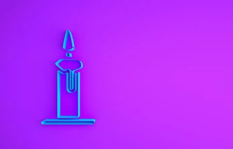 Blue Burning candle in candlestick icon isolated on purple background. Cylind Illustrazione stock