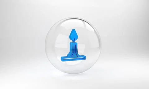 Blue Burning candle in candlestick icon isolated on grey background. Cylindri Illustrazione stock