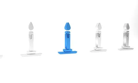 Blue Burning candle in candlestick icon isolated on white background. Cylin.. Illustrazione stock