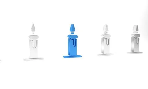 Blue Burning candle in candlestick icon isolated on white background. Cylin.. Illustrazione stock