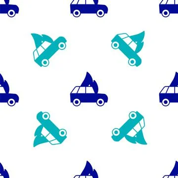 Blue Burning car icon isolated seamless pattern on white background. Car on fire Stock Illustration