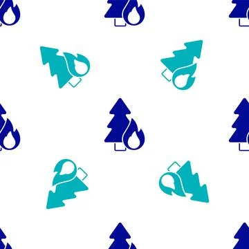 Blue Burning forest trees in fire flames icon isolated seamless pattern on white Stock Illustration