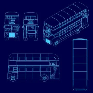 Blue bus with a stripe on the side. The bus is a double decker bus Stock Illustration