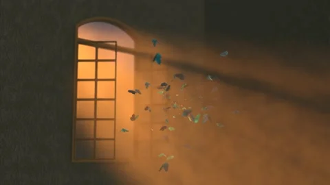 Blue butterflies fly in the sunset rays near the opened window 3D 4K animation Stock Footage 239332363