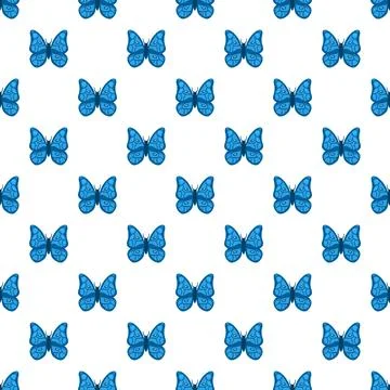 Blue butterflies repeating pattern on white background Stock Illustration