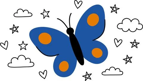 Blue Butterfly with Orange Spots Surrounded by Doodle Clouds and Stars. Stock Illustration