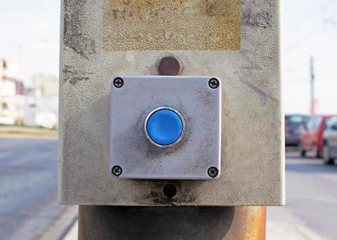 Blue button to call traffic lights Stock Photos