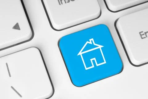 Blue button with house on computer keyboard . Stock Illustration